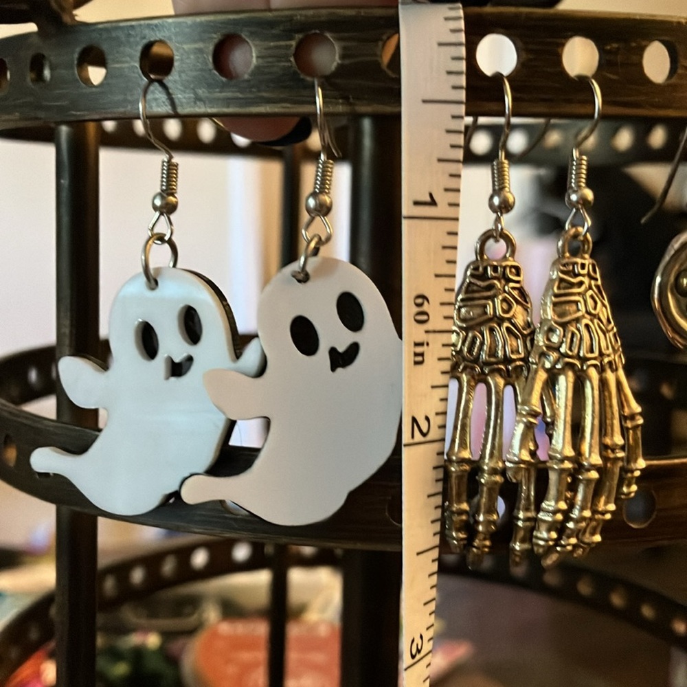 Spooky Halloween Earrings TWO PAIRS NWOT (one ghost pair & one skeleton pair)